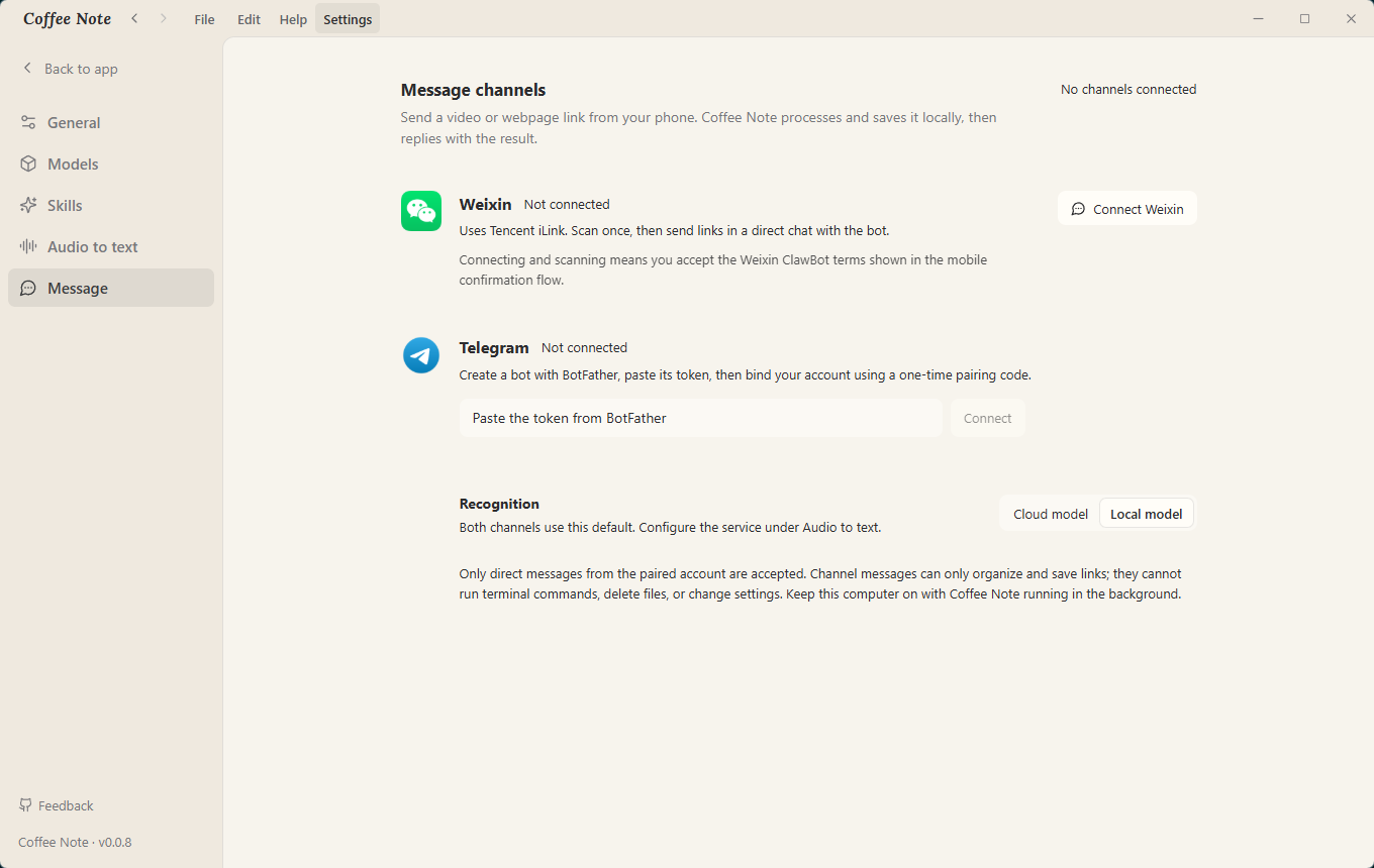 Coffee Note message channels